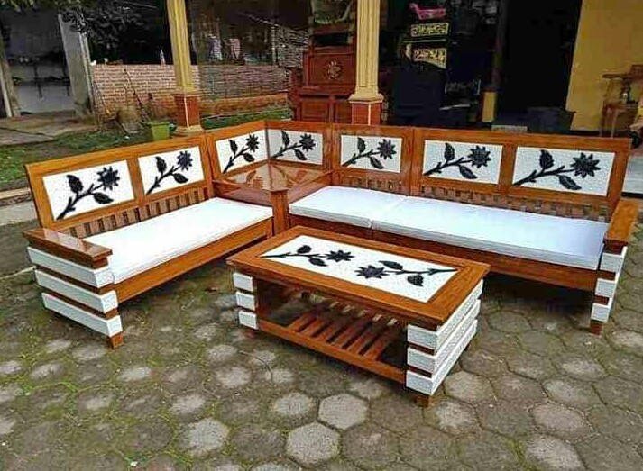 Kursi Meja tamu sudut latter L kayu jati dengan busa sofa